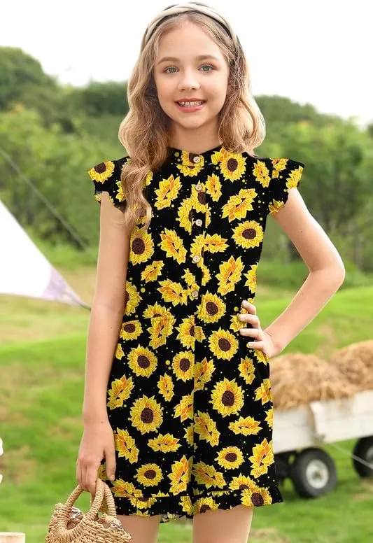 BesserBay Girl's Summer Ruffled Flutter-Sleeve Jumpsuit Button Down Crewneck Romper 5-14 Years