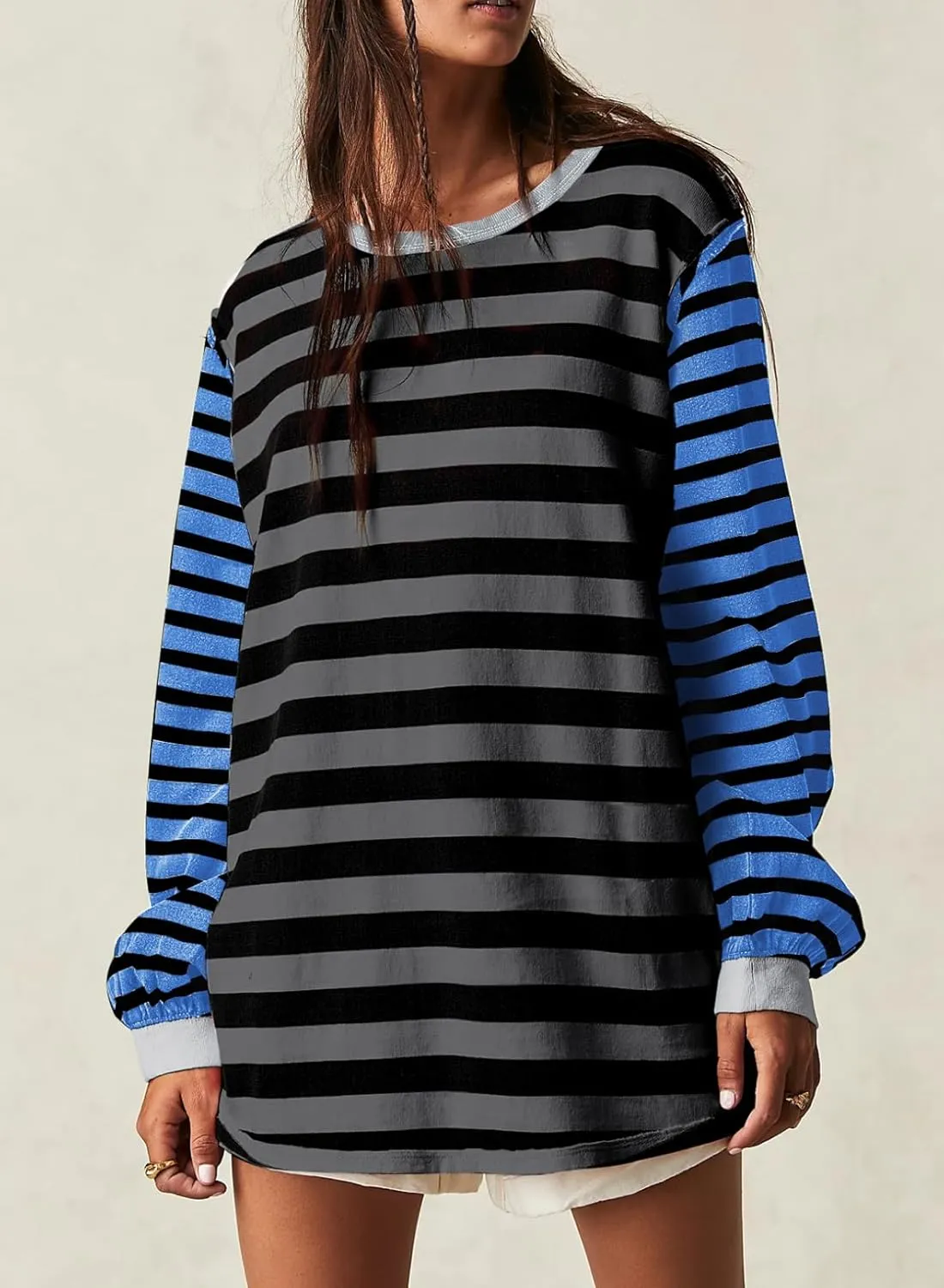 BLENCOT Women's Oversized Patchwork T Shirts Fall Long Sleeve Striped Color Block Loose Fit Pullover Tops