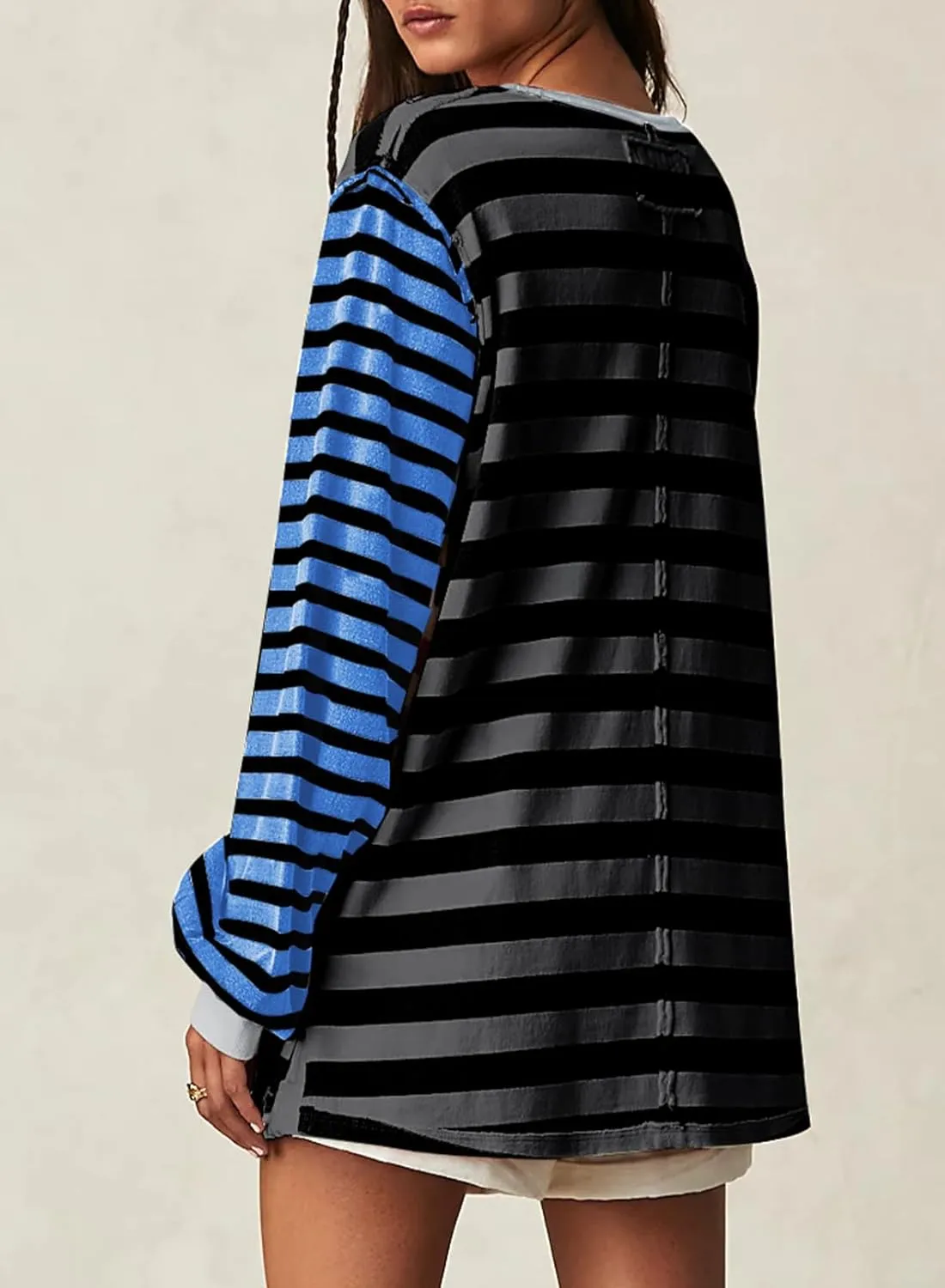 BLENCOT Women's Oversized Patchwork T Shirts Fall Long Sleeve Striped Color Block Loose Fit Pullover Tops