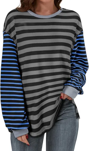 BLENCOT Women's Oversized Patchwork T Shirts Fall Long Sleeve Striped Color Block Loose Fit Pullover Tops