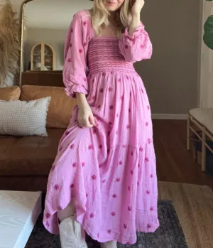Boho Floral Puff Sleeve Dresses for Women 2024 Y2k Embroidered Flowy Smocked Maxi Dress Square Neck Beach Sundress