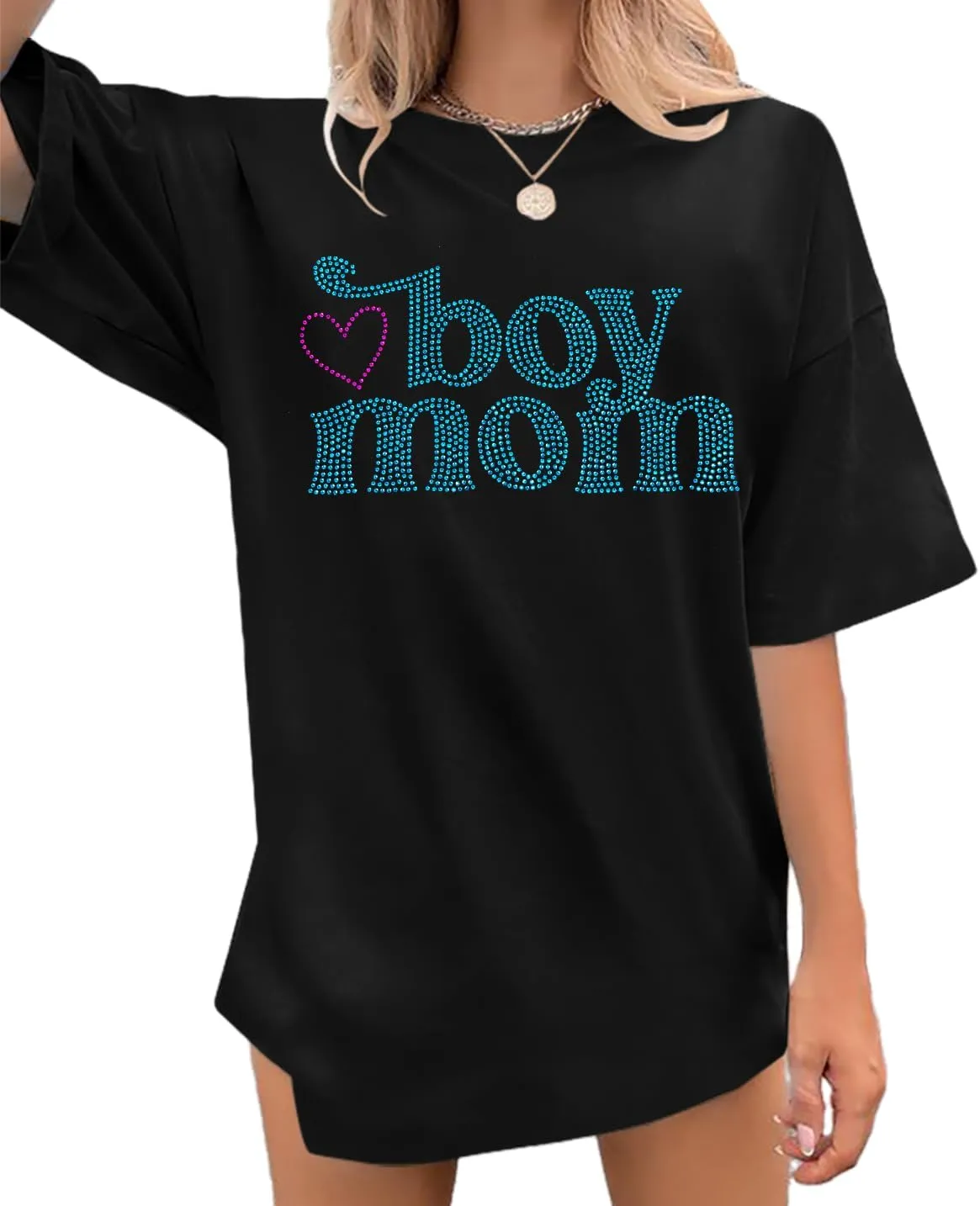 Boy Mom Oversized Tshirt Woman Sequin Graphic Tee Trendy Mama Shirt Mother Gifts Top Casual Short Sleeve Tops
