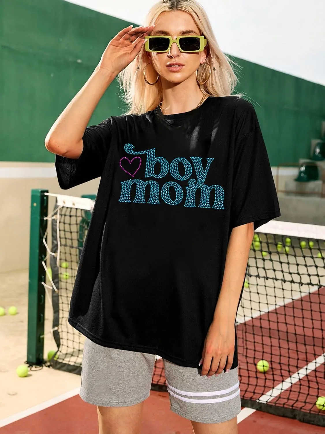 Boy Mom Oversized Tshirt Woman Sequin Graphic Tee Trendy Mama Shirt Mother Gifts Top Casual Short Sleeve Tops