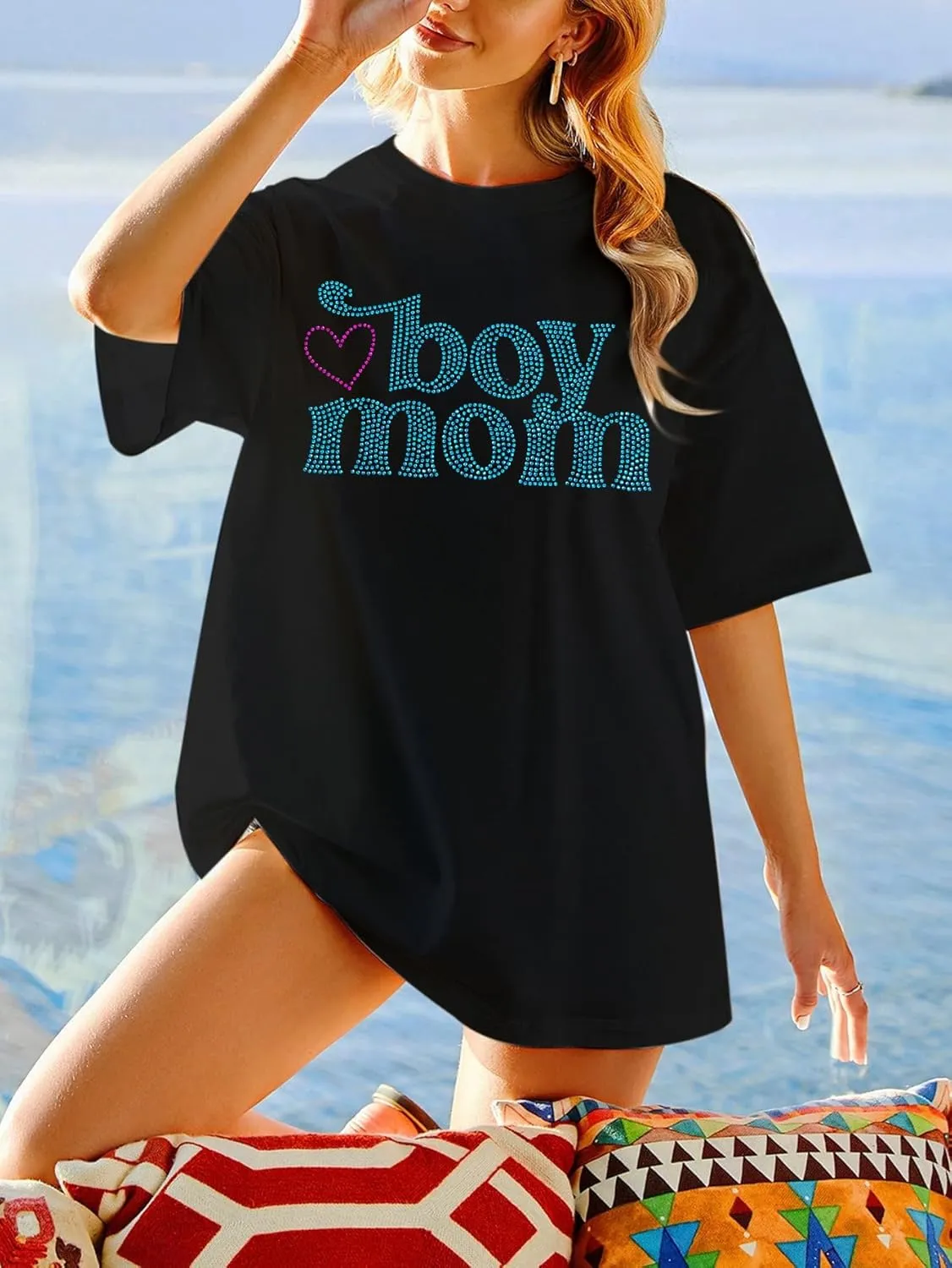 Boy Mom Oversized Tshirt Woman Sequin Graphic Tee Trendy Mama Shirt Mother Gifts Top Casual Short Sleeve Tops