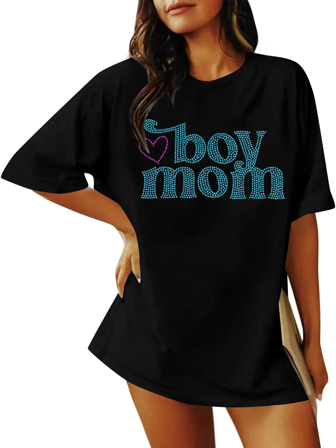 Boy Mom Oversized Tshirt Woman Sequin Graphic Tee Trendy Mama Shirt Mother Gifts Top Casual Short Sleeve Tops