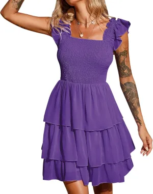 Byinns Womens Square Neck Sleeveless Ruffle Dress High Waist Backless Tiered Smocked Strappy Casual Short Mini Dresses