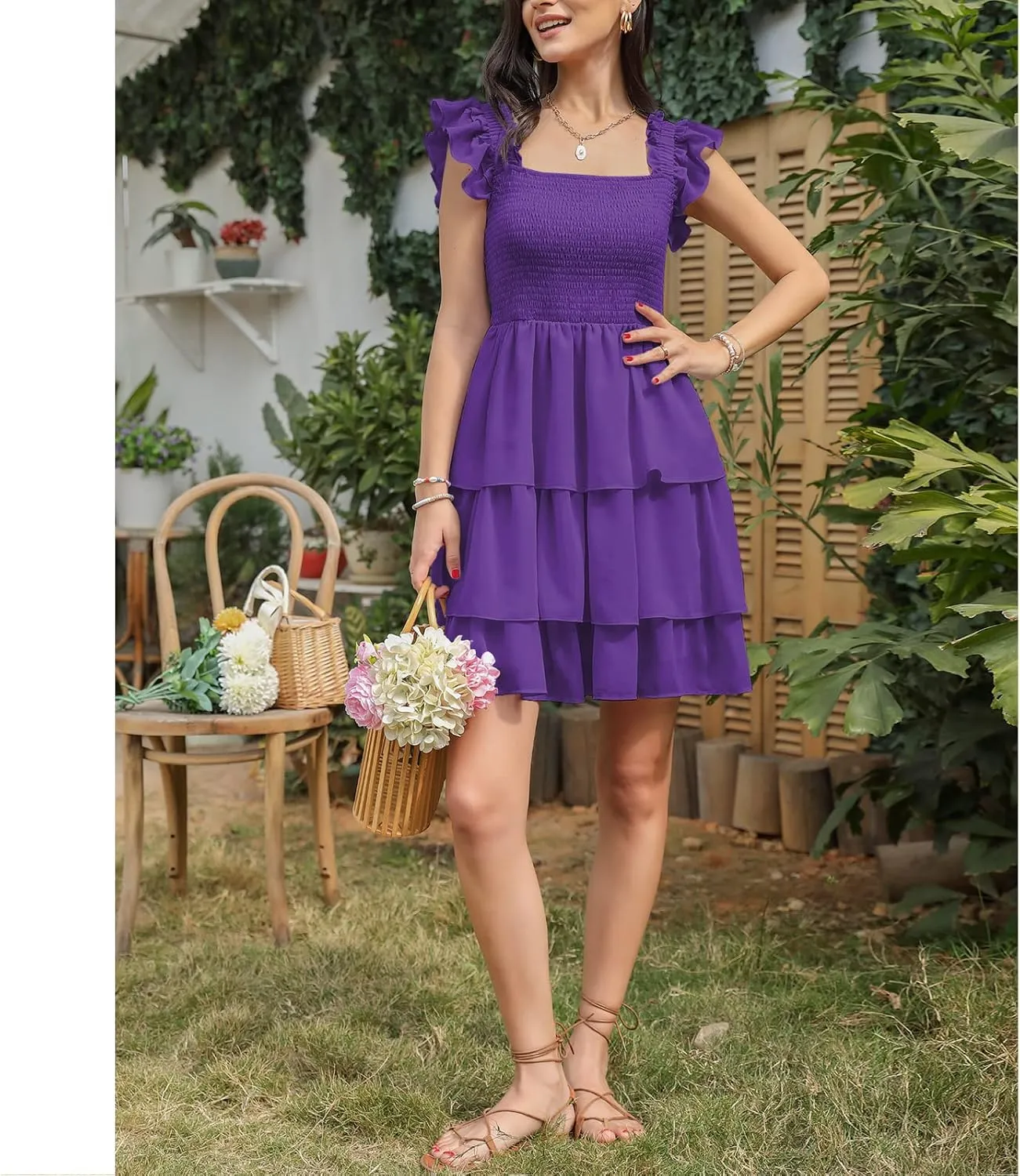 Byinns Womens Square Neck Sleeveless Ruffle Dress High Waist Backless Tiered Smocked Strappy Casual Short Mini Dresses