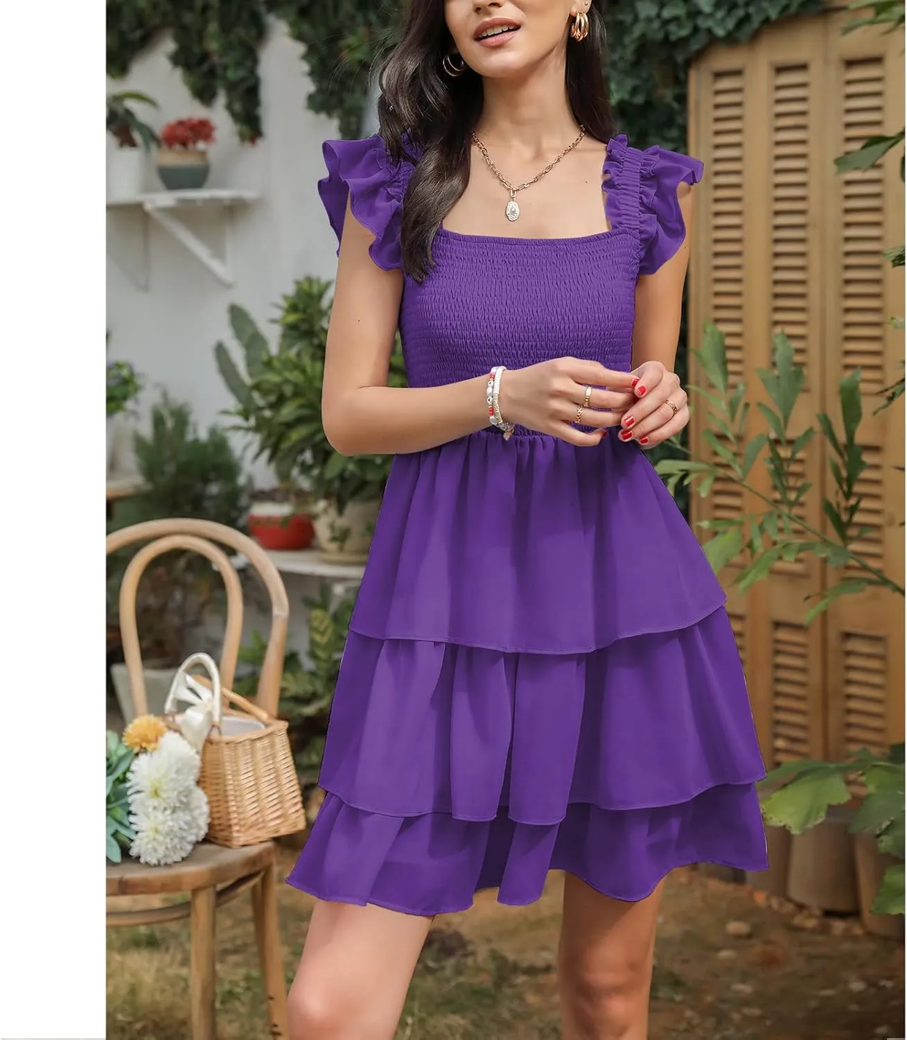 Byinns Womens Square Neck Sleeveless Ruffle Dress High Waist Backless Tiered Smocked Strappy Casual Short Mini Dresses