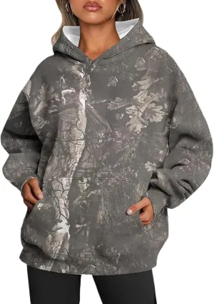 Camo Hoodie for Women Camouflage Graphic Oversized Hooded Sweatshirt with Pocket Womens Cute Y2K Maple Leaf Print Pullover Shirts Black Grey 3XL