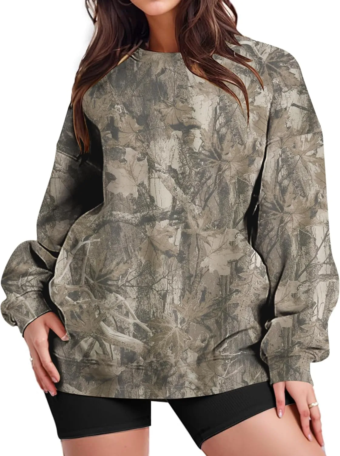 Camo Sweatshirt for Women Mens Oversized Fleece Camouflage Maple Leaf Crewnecks Pullover Tops Hunting Hoodies