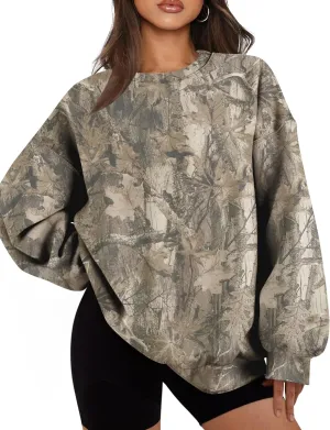 Camo Sweatshirt for Women Mens Oversized Fleece Camouflage Maple Leaf Crewnecks Pullover Tops Hunting Hoodies
