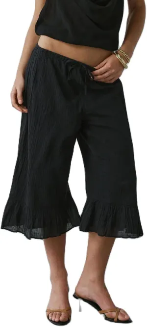 Capris Pants for Women Cotton Linen Wide Leg Drawstring Elastic Waist Ruffled Hem Lounge Beach Cropped Trousers