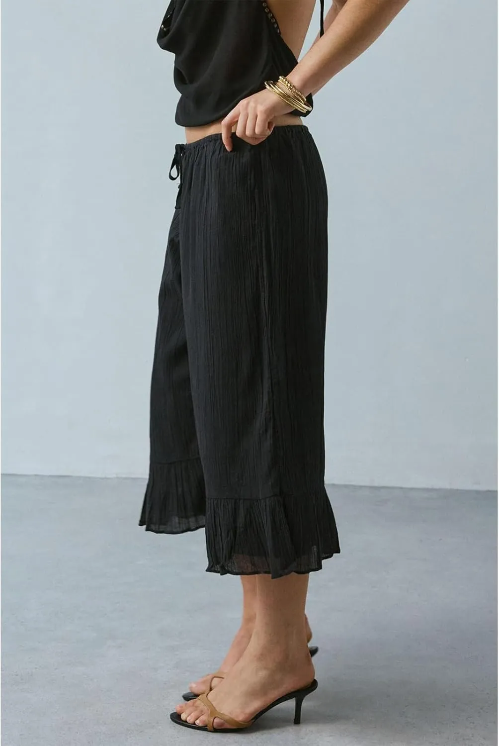 Capris Pants for Women Cotton Linen Wide Leg Drawstring Elastic Waist Ruffled Hem Lounge Beach Cropped Trousers