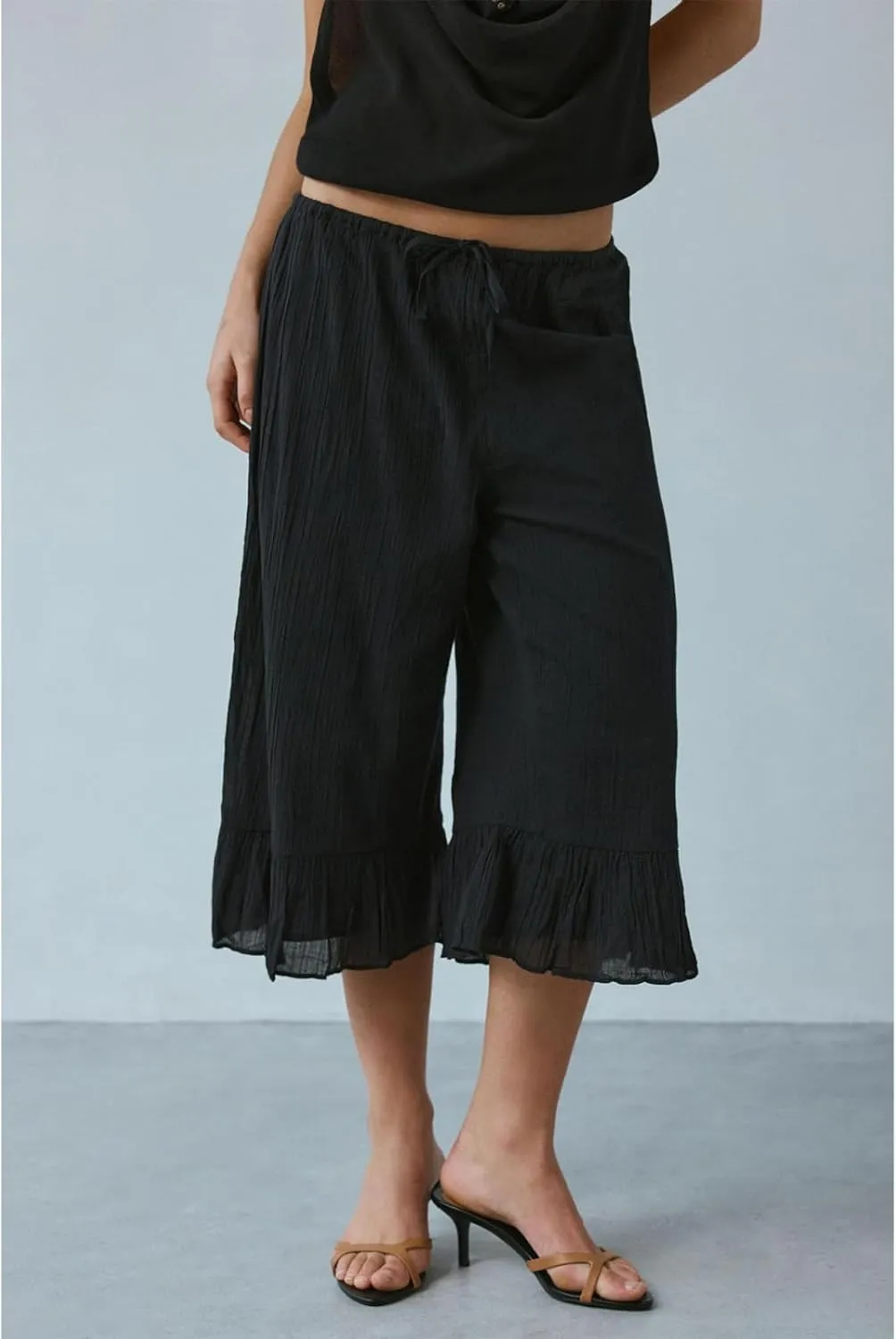 Capris Pants for Women Cotton Linen Wide Leg Drawstring Elastic Waist Ruffled Hem Lounge Beach Cropped Trousers