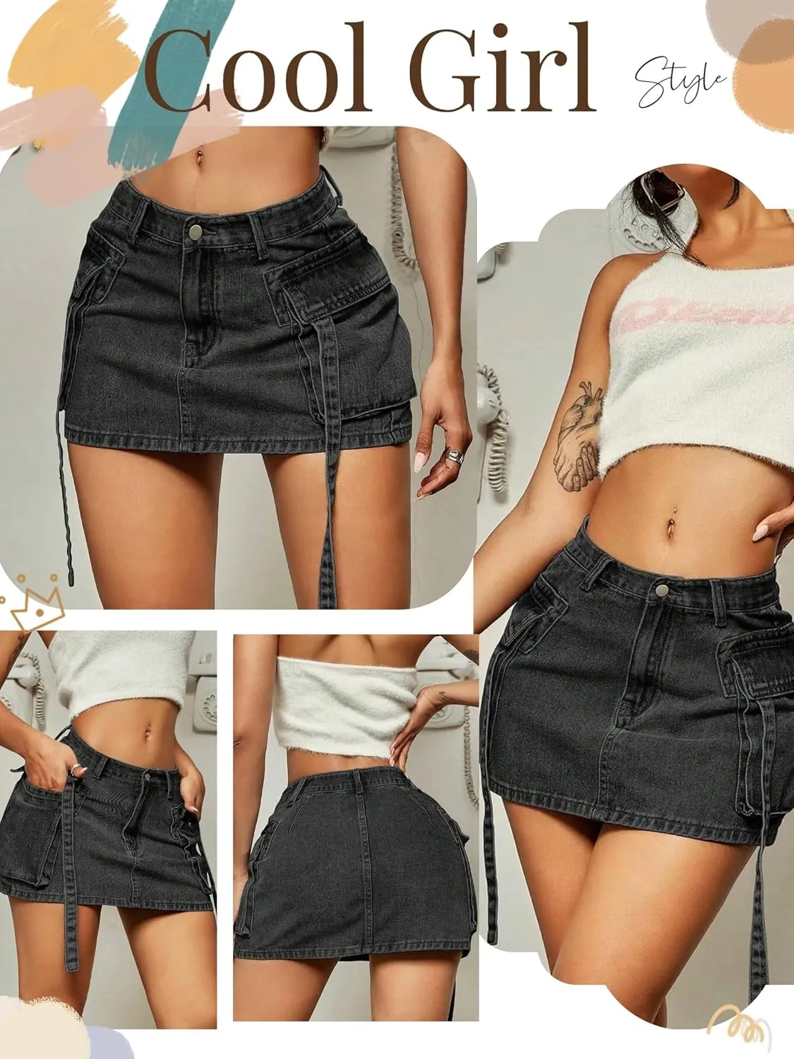 Cargo Skirt Women y2k Button Mini Jeans Skirt Denim Skirt with Pocket Low Waist
