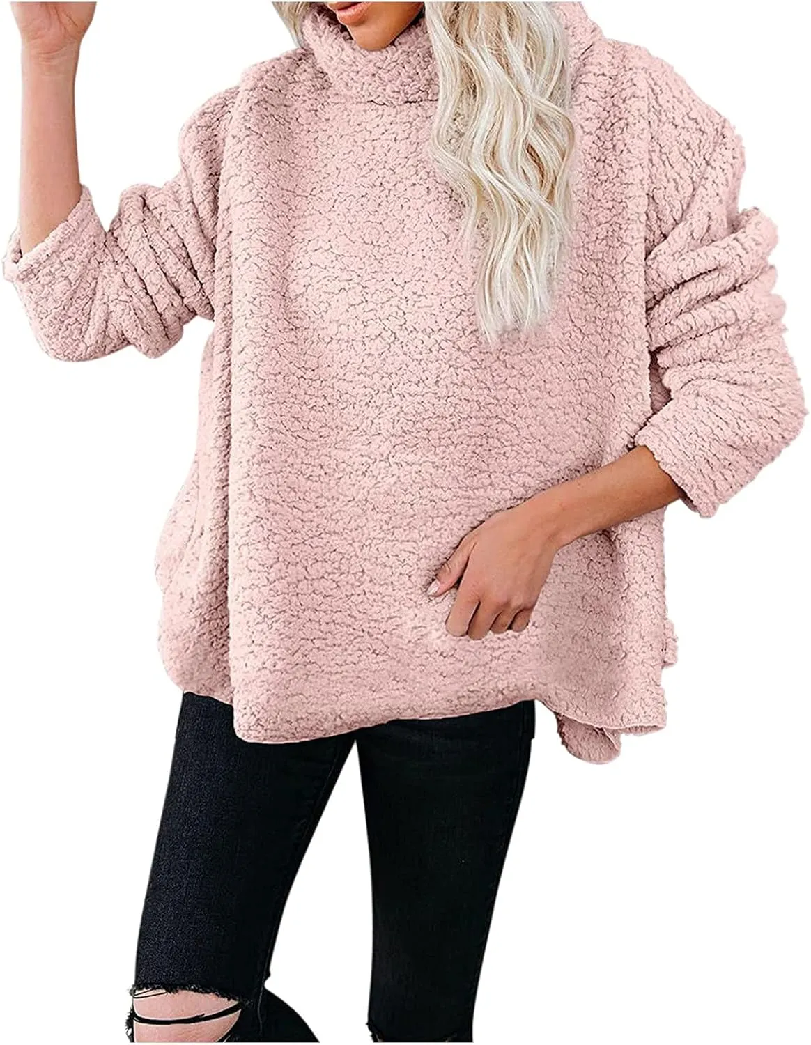 Casual Fuzzy Plush Oversized Sweater for Women Side Split Mock Turtleneck Pullover Sherpa Fleece Warm Soft Thicken Sweatshirt