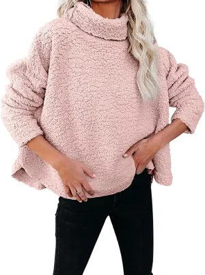 Casual Fuzzy Plush Oversized Sweater for Women Side Split Mock Turtleneck Pullover Sherpa Fleece Warm Soft Thicken Sweatshirt