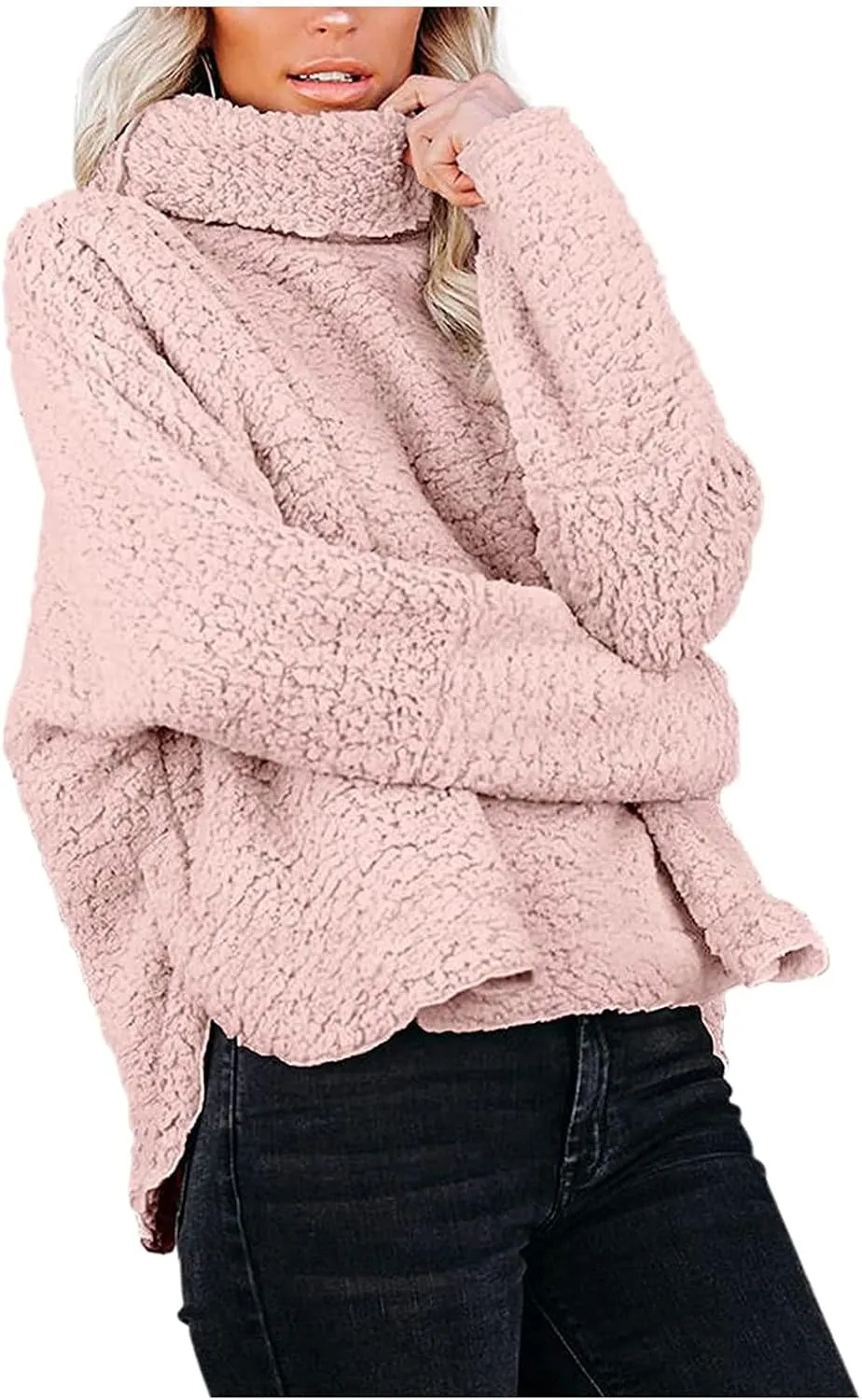 Casual Fuzzy Plush Oversized Sweater for Women Side Split Mock Turtleneck Pullover Sherpa Fleece Warm Soft Thicken Sweatshirt