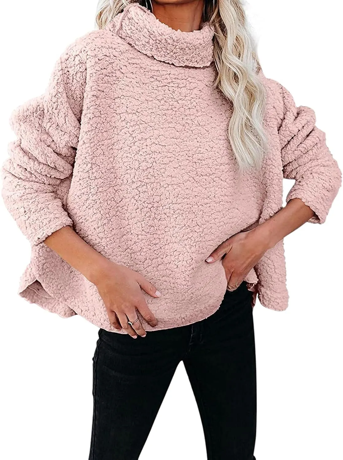 Casual Fuzzy Plush Oversized Sweater for Women Side Split Mock Turtleneck Pullover Sherpa Fleece Warm Soft Thicken Sweatshirt