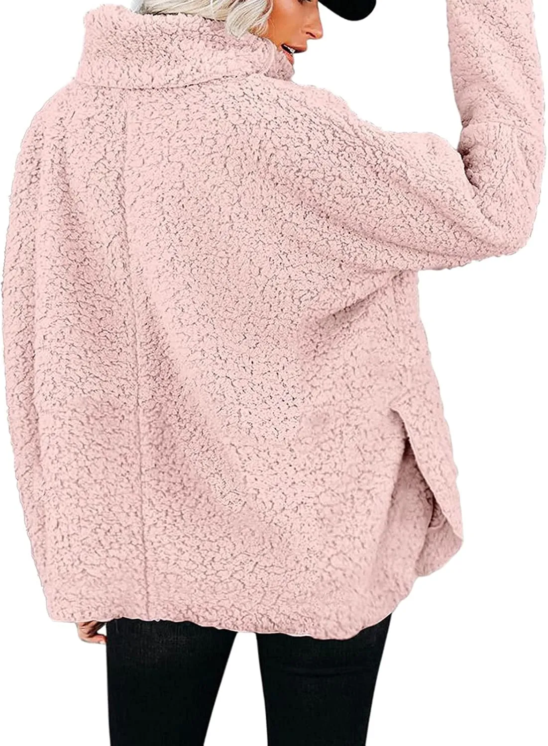 Casual Fuzzy Plush Oversized Sweater for Women Side Split Mock Turtleneck Pullover Sherpa Fleece Warm Soft Thicken Sweatshirt