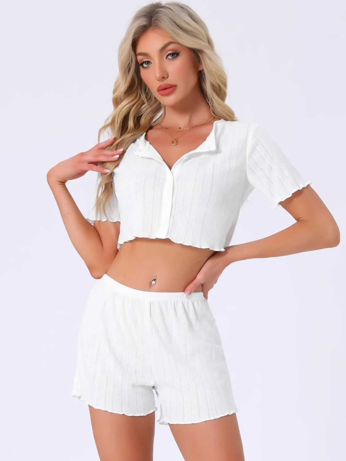 cheibear Womens Y2K Crop Tops with Shorts Two Piece Pjs Short Sleeves Knit Button-Down Loungewear Pajama Sets