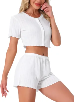 cheibear Womens Y2K Crop Tops with Shorts Two Piece Pjs Short Sleeves Knit Button-Down Loungewear Pajama Sets