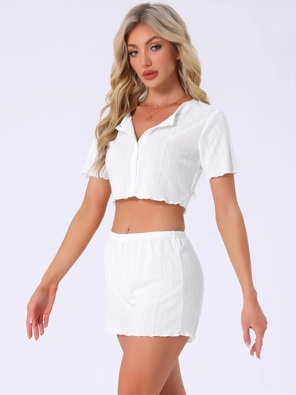 cheibear Womens Y2K Crop Tops with Shorts Two Piece Pjs Short Sleeves Knit Button-Down Loungewear Pajama Sets