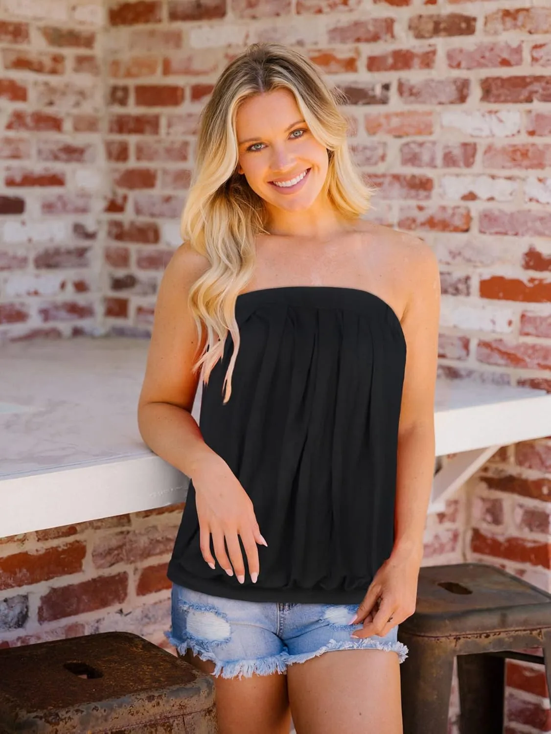 CHICGAL Women's Tube Tops Summer Casual Bandeau Tank Casual Strapless Blouse Off The Shoulder Tunic Shirts