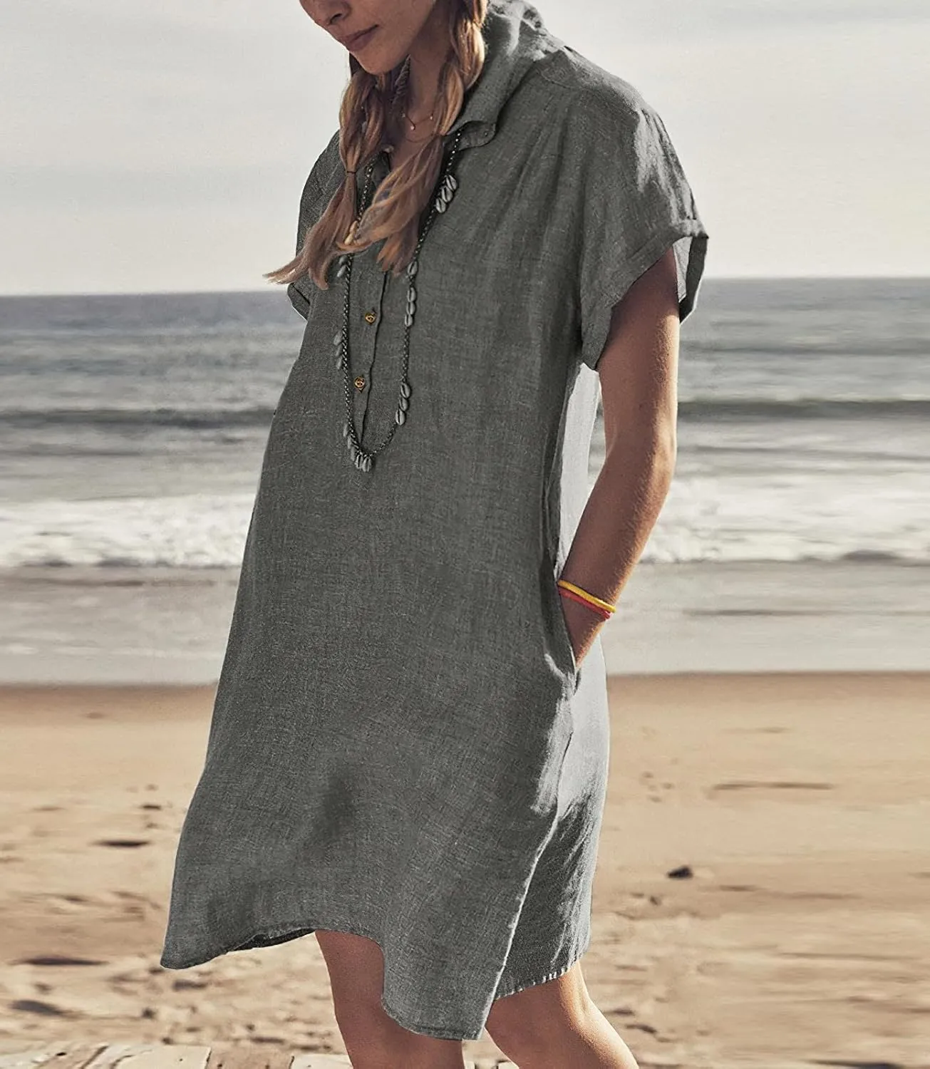 chouyatou Women's Summer Polo Neck Casual Linen Shirt Dress Midi Tunic Beach Dress Cover Ups