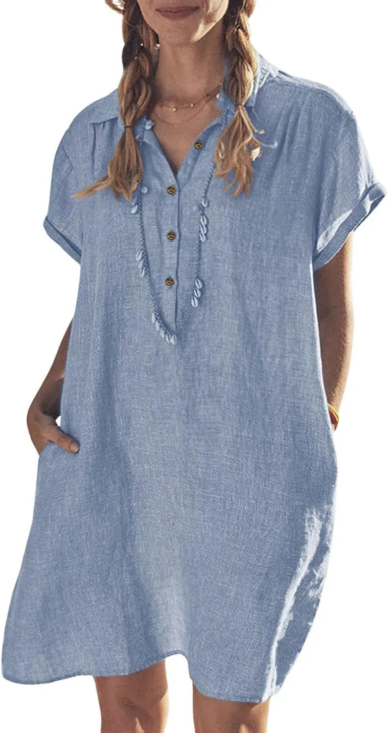chouyatou Women's Summer Polo Neck Casual Linen Shirt Dress Midi Tunic Beach Dress Cover Ups