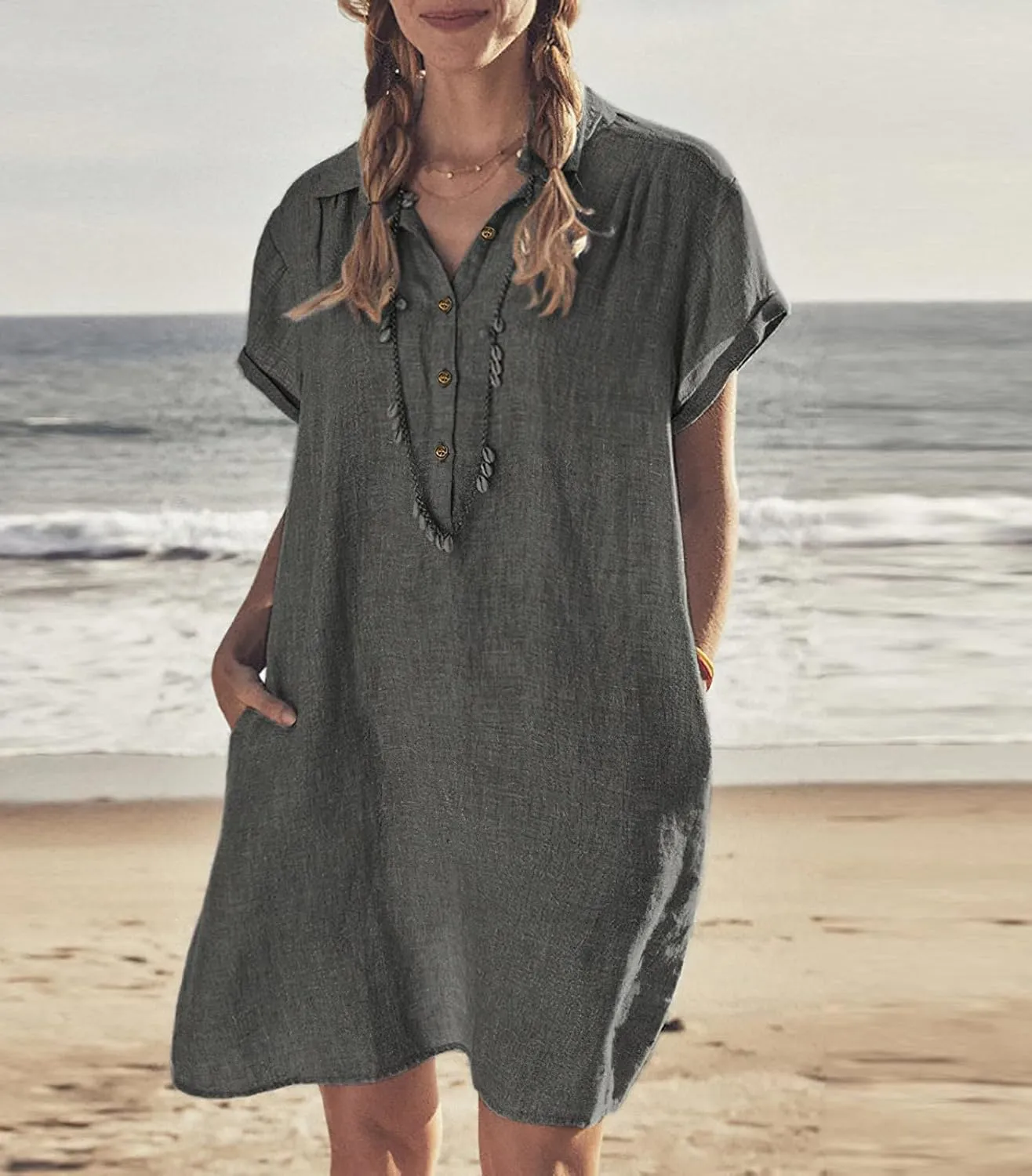 chouyatou Women's Summer Polo Neck Casual Linen Shirt Dress Midi Tunic Beach Dress Cover Ups