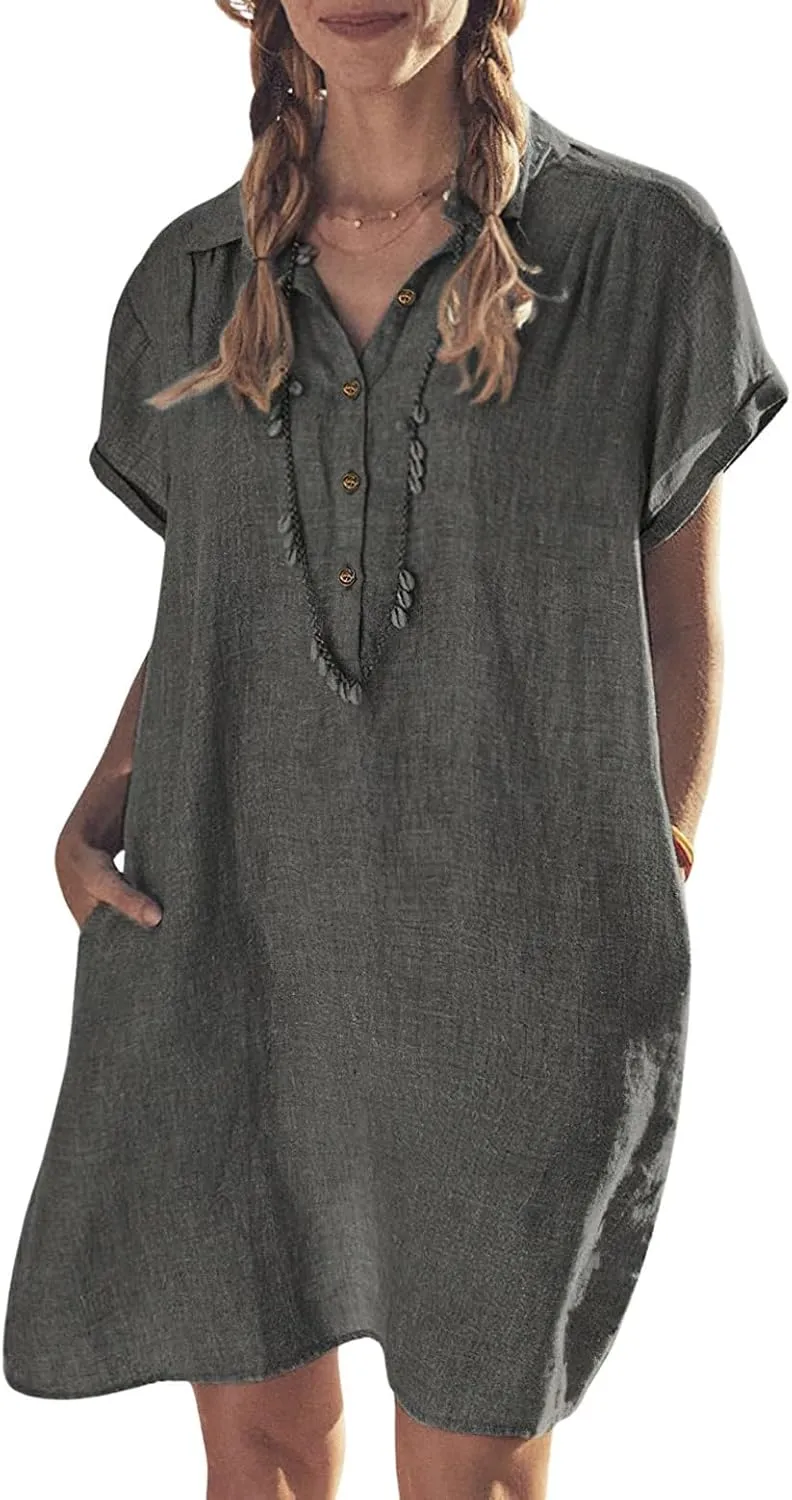 chouyatou Women's Summer Polo Neck Casual Linen Shirt Dress Midi Tunic Beach Dress Cover Ups