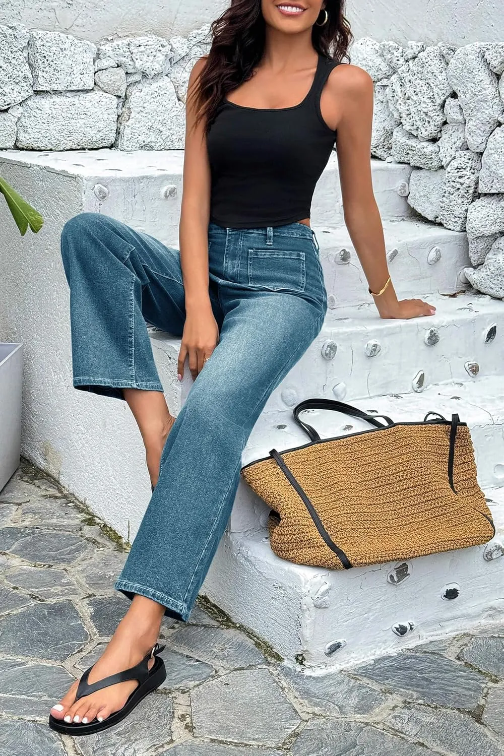 Cicy Bell Women's High Waisted Baggy Jeans Wide Leg Stretch Vintage Denim Pants with Front Pockets