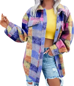 Compression Socks for Women Women's Stylish Colorblock Wool Blend Shirt Jacket Casual Fall Lapel Collar Button Down Long Sleeve Coat Shacket with Pockets(Type - A,Small)