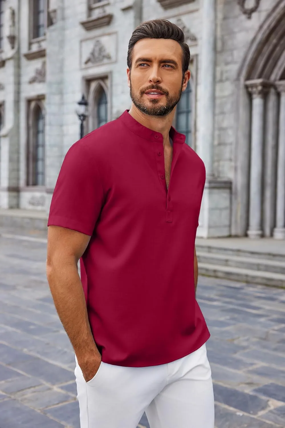 COOFANDY Men's Casual Summer Beach Henley Shirt Band Collar Lightweight Hippie Tee Shirts