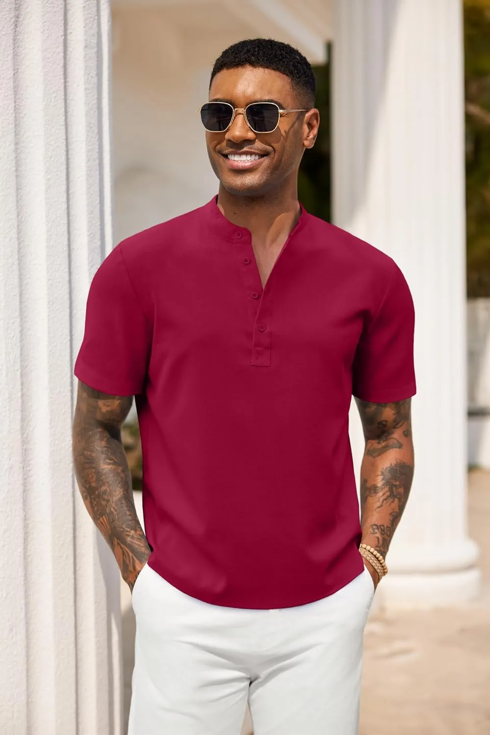 COOFANDY Men's Casual Summer Beach Henley Shirt Band Collar Lightweight Hippie Tee Shirts