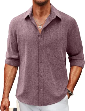 COOFANDY Men's Linen Long Sleeve Button Down Casual Untucked Dress Shirts No Tuck Big and Tall Shirts, Red, 3X-Large