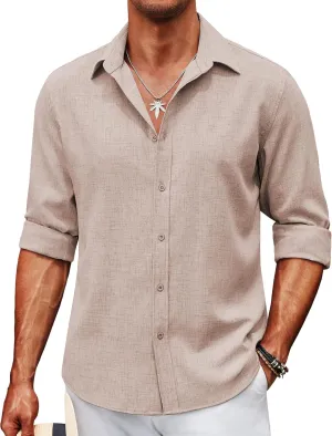COOFANDY Mens Linen Long Sleeve Button Down Casual Untucked Shirts Button Up Wrinkle Free No Tuck Shirts, Khaki, X-Large