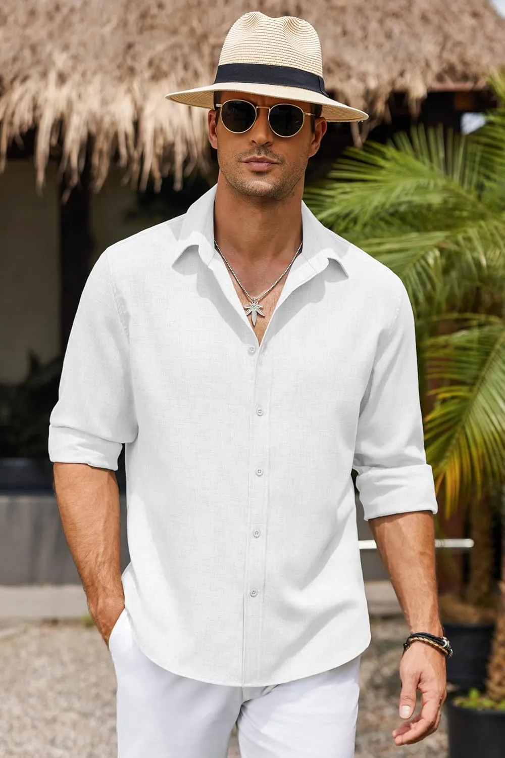 COOFANDY Men's Long Sleeve Button Down Linen Shirt Casual Untucked Chambray Shirt Wrinkle Free Wedding Shirts