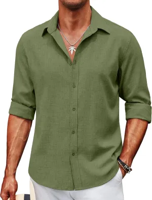 COOFANDY Men's Long Sleeve Button Down Linen Shirt Casual Untucked Chambray Shirt Wrinkle Free Wedding Shirts