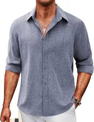 COOFANDY Men's Long Sleeve Button Down Linen Shirt Casual Untucked Chambray Shirt Wrinkle Free Wedding Shirts