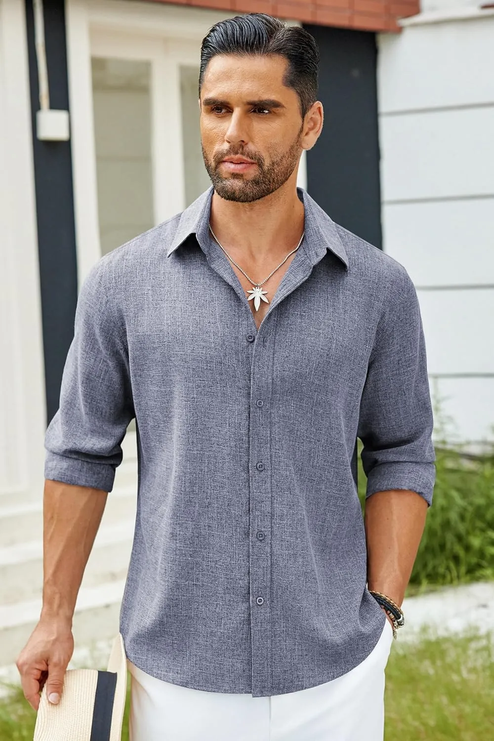 COOFANDY Men's Long Sleeve Button Down Linen Shirt Casual Untucked Chambray Shirt Wrinkle Free Wedding Shirts