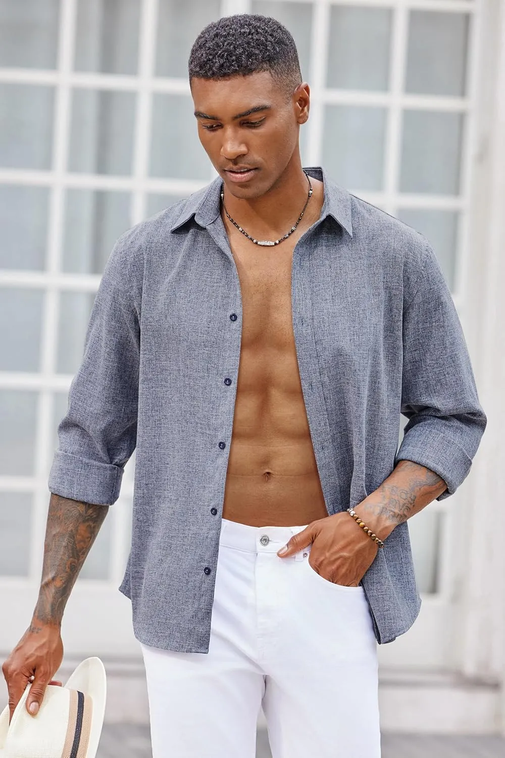 COOFANDY Men's Long Sleeve Button Down Linen Shirt Casual Untucked Chambray Shirt Wrinkle Free Wedding Shirts
