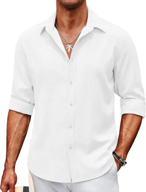 COOFANDY Men's Long Sleeve Button Down Linen Shirt Casual Untucked Chambray Shirt Wrinkle Free Wedding Shirts