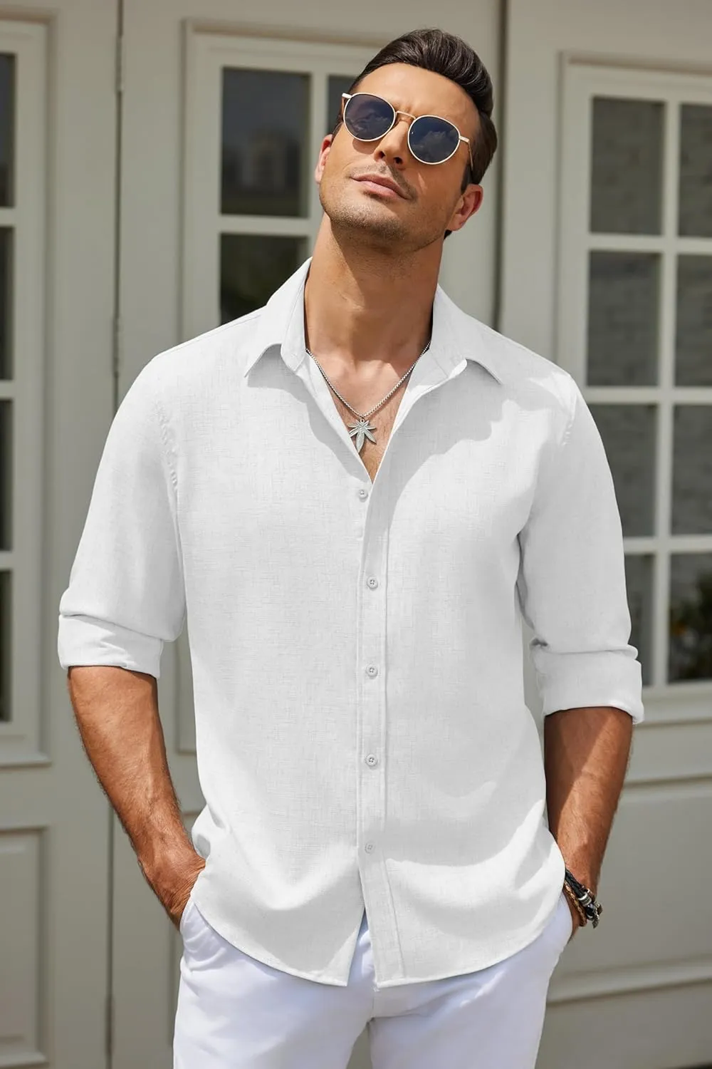 COOFANDY Men's Long Sleeve Button Down Linen Shirt Casual Untucked Chambray Shirt Wrinkle Free Wedding Shirts