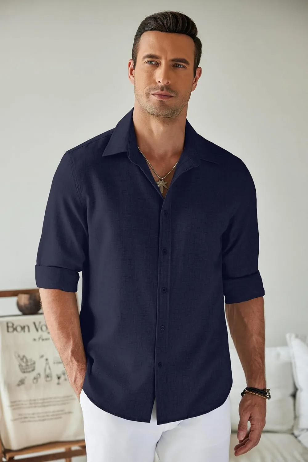 COOFANDY Men's Long Sleeve Button Down Linen Shirt Casual Untucked Chambray Shirt Wrinkle Free Wedding Shirts