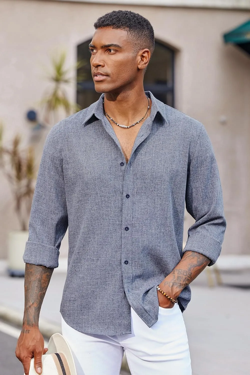 COOFANDY Men's Long Sleeve Button Down Linen Shirt Casual Untucked Chambray Shirt Wrinkle Free Wedding Shirts