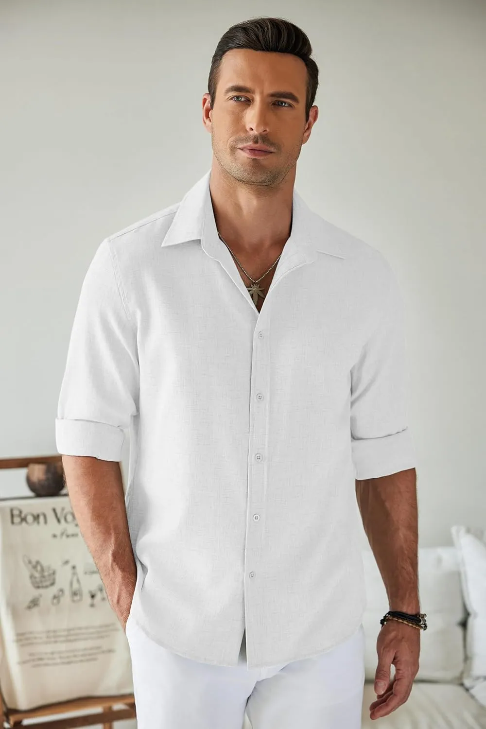 COOFANDY Men's Long Sleeve Button Down Linen Shirt Casual Untucked Chambray Shirt Wrinkle Free Wedding Shirts