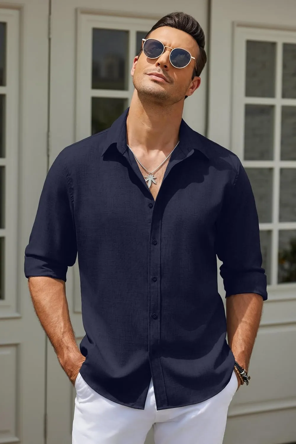 COOFANDY Men's Long Sleeve Button Down Linen Shirt Casual Untucked Chambray Shirt Wrinkle Free Wedding Shirts