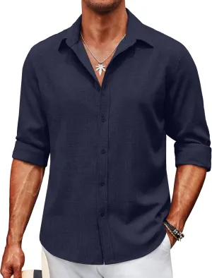 COOFANDY Men's Long Sleeve Button Down Linen Shirt Casual Untucked Chambray Shirt Wrinkle Free Wedding Shirts